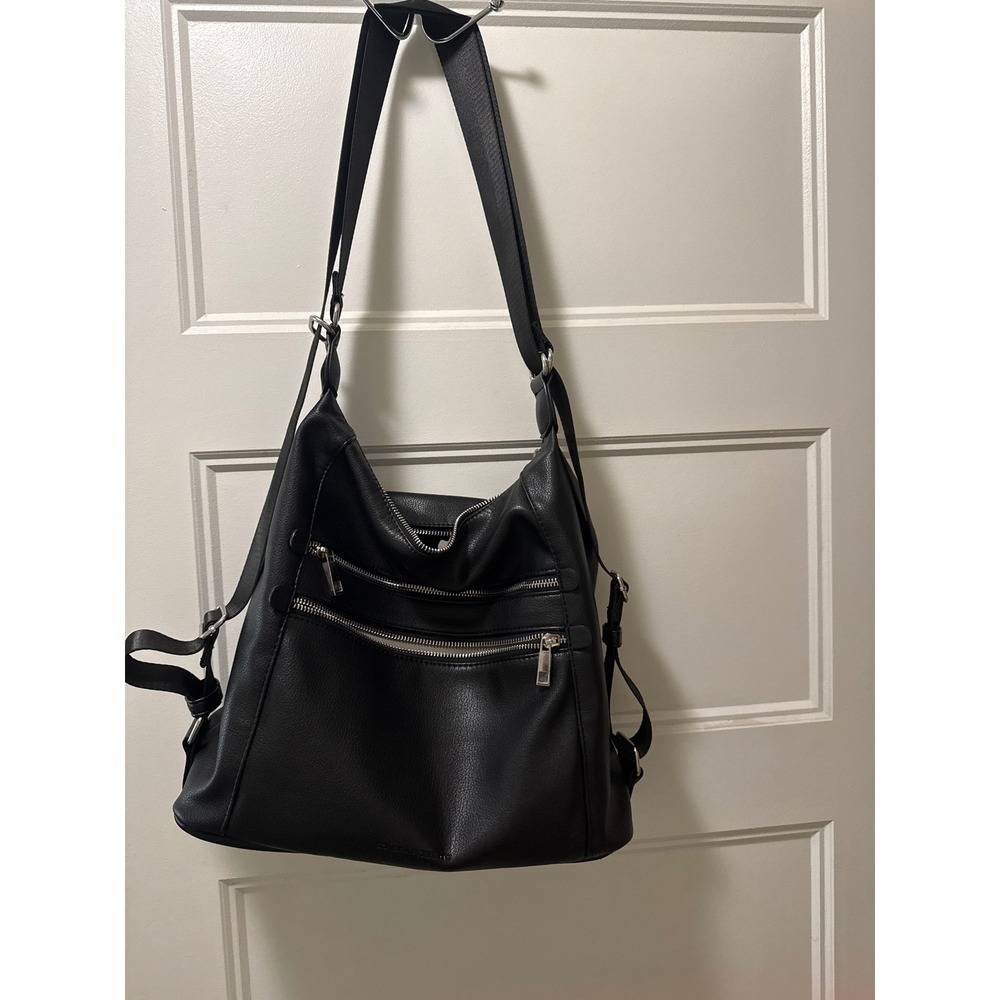 Sondra Roberts Squared Black Faux Leather Convertible Backpack Hobo Bag
